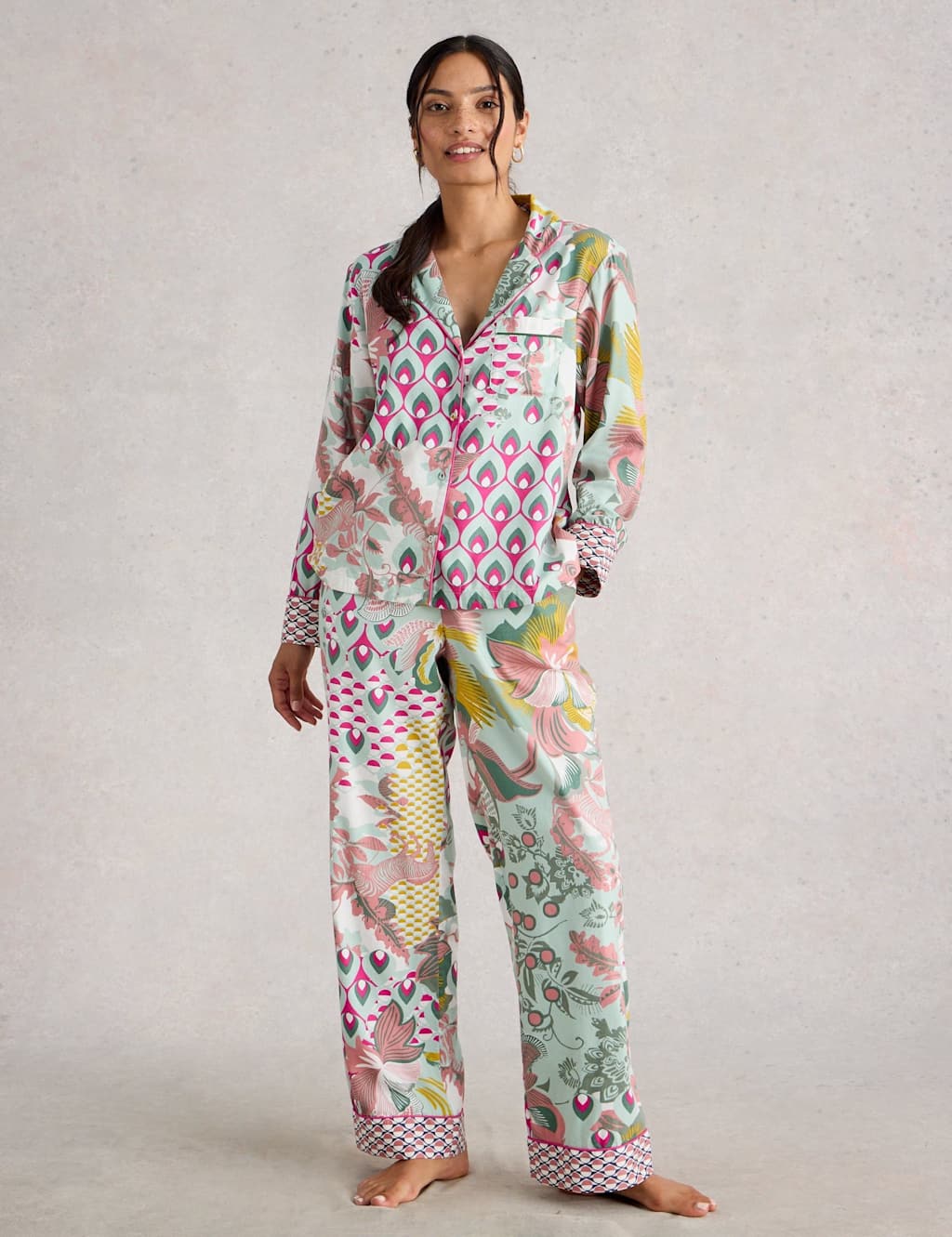 White Stuff Cotton Rich Floral Pyjama Bottoms Green Mix