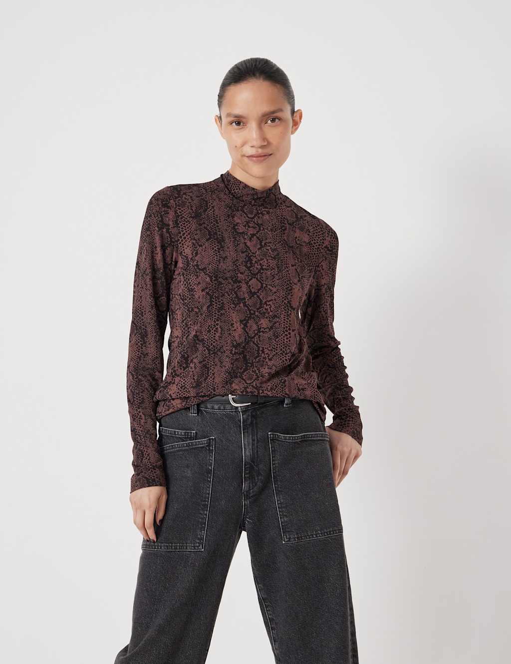 HUSH Animal Print High Neck Top Brown Mix