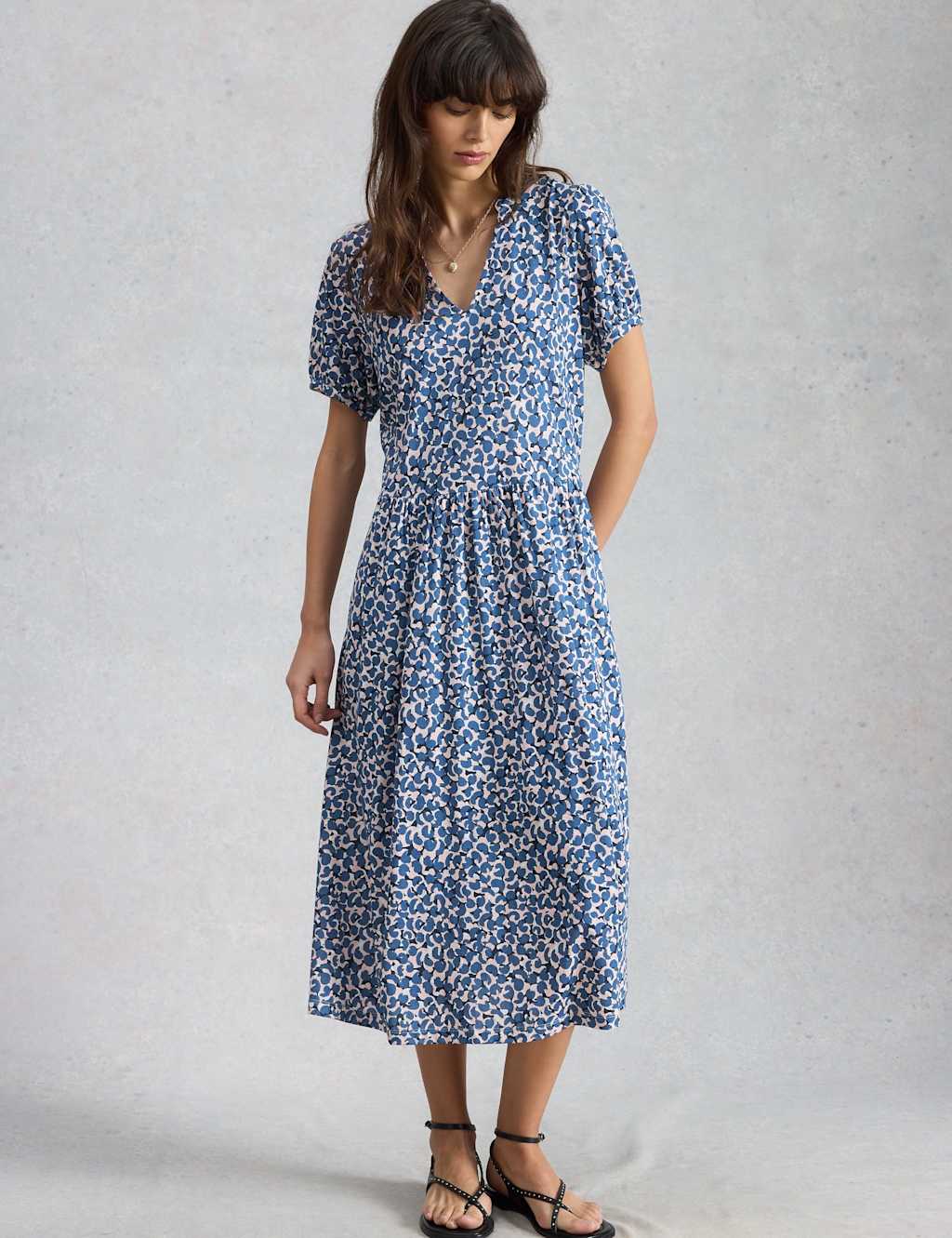 White Stuff Women's Cotton Blend Floral V-Neck Midi Tea Dress - 12 - Blue Mix - Available at M&S