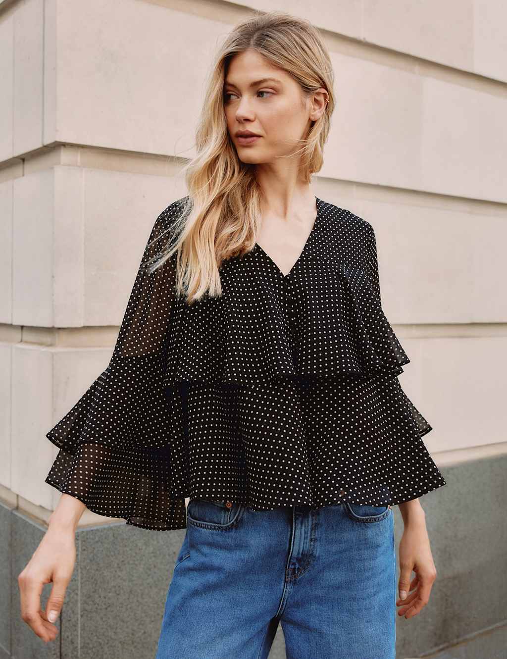 Albaray Women's Chiffon Polka Dot Ruffle Top - 8 - Black Mix - Available at M&S