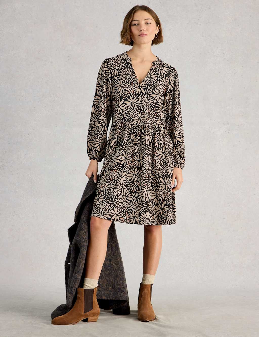 White Stuff Cotton Blend Notch Neck Floral Tea Dress Tan