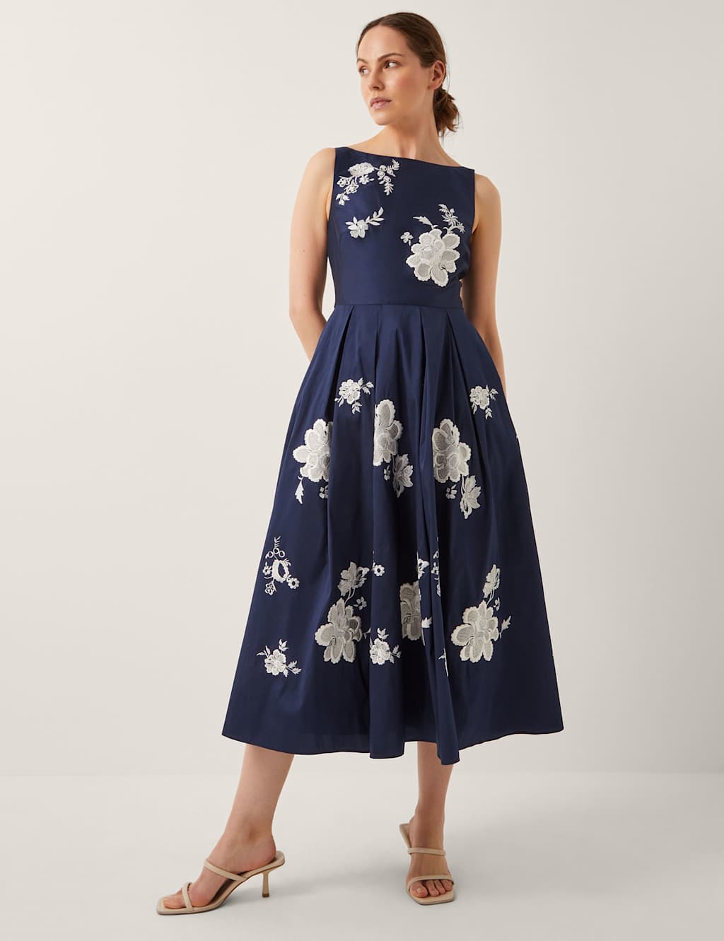 Monsoon Embroidered Slash Neck Midi Skater Dress Navy