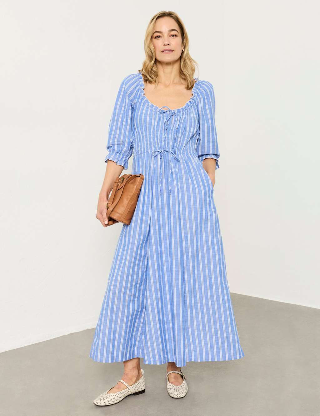 Fatface Women's Pure Cotton Striped Midi Waisted Dress - 14 - Blue Mix - Available at M&S