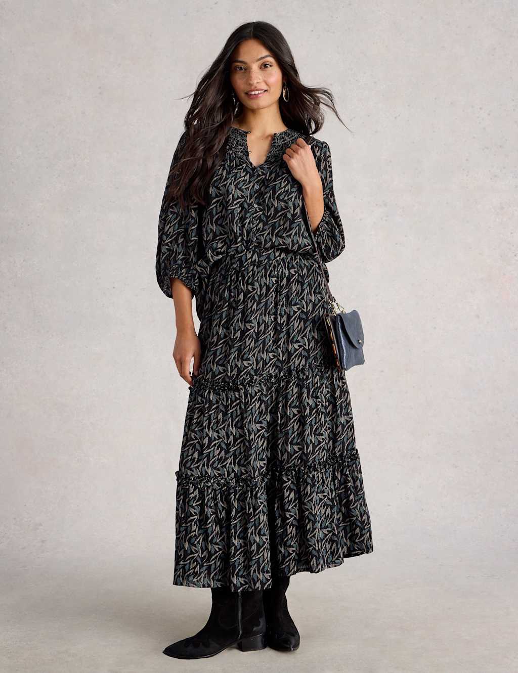 White Stuff Metallic Printed Midi Tiered Skirt Black Mix