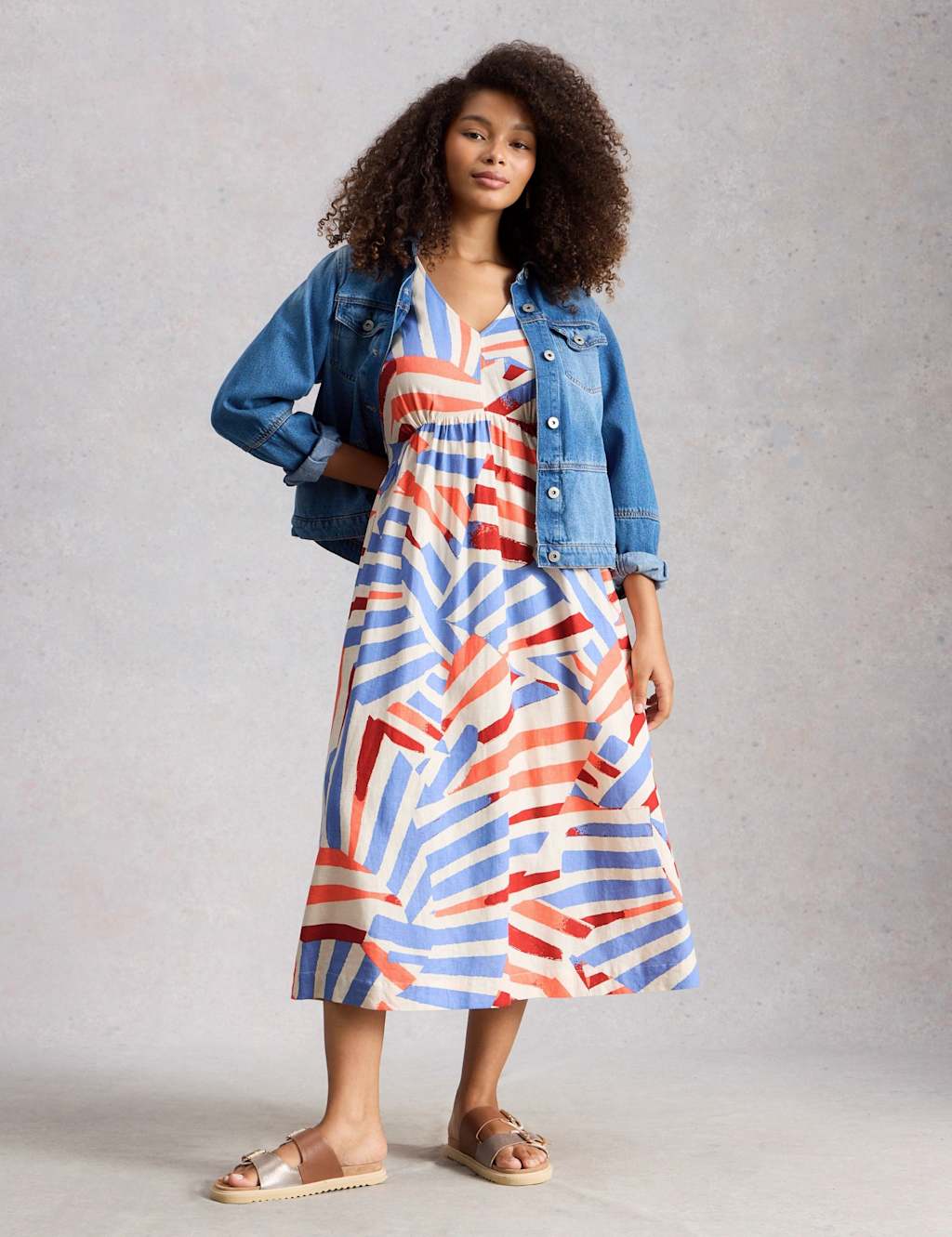 White Stuff Women's Linen Rich Printed V-Neck Midi Tea Dress - 16 - White Mix - Available at M&S