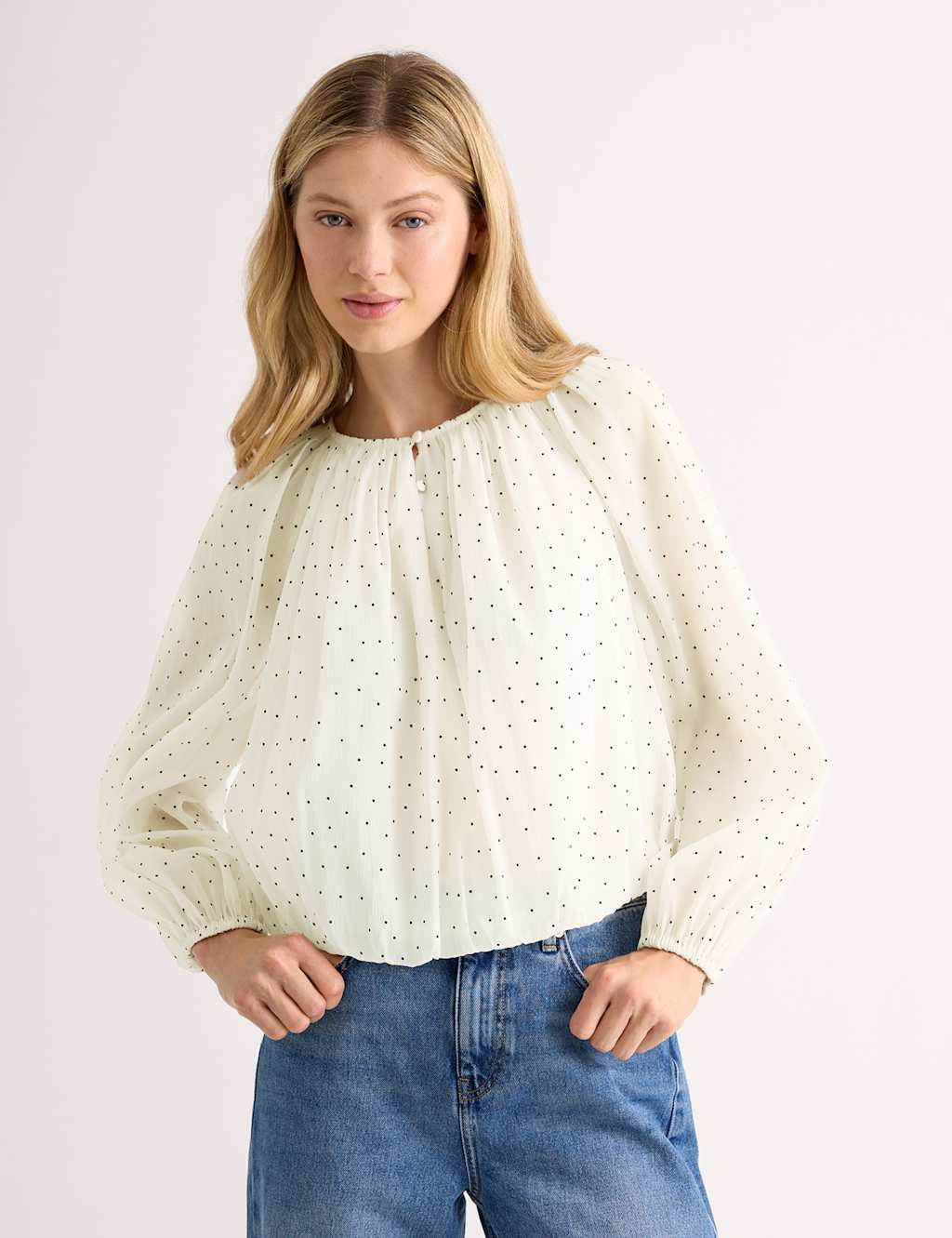 Albaray Women's Flocked Spot Bubble Hem Top - 10 - Cream Mix - Available at M&S