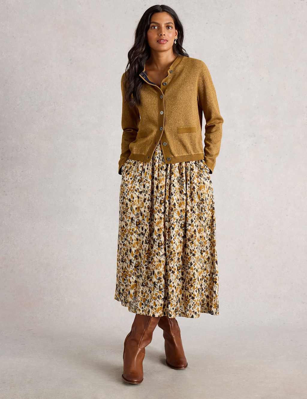 White Stuff Metallic Printed Midi A-Line Skirt Yellow Mix