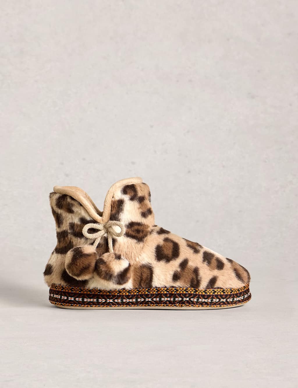 White Stuff Faux Fur Leopard Print Bootie Slippers Natural Mix