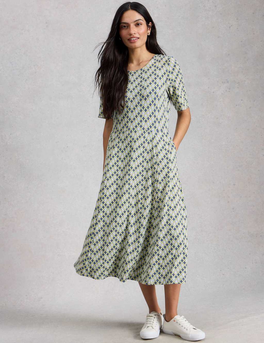 White Stuff Women's Jersey Round Neck Waisted Midi Dress - 12 - Green Mix - Available at M&S