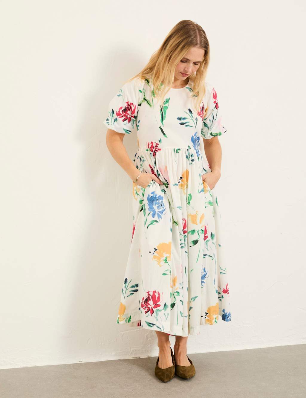 Fatface Women's Pure Cotton Printed Round Neck Midi Tea Dress - 18 - White Mix - Available at M&S