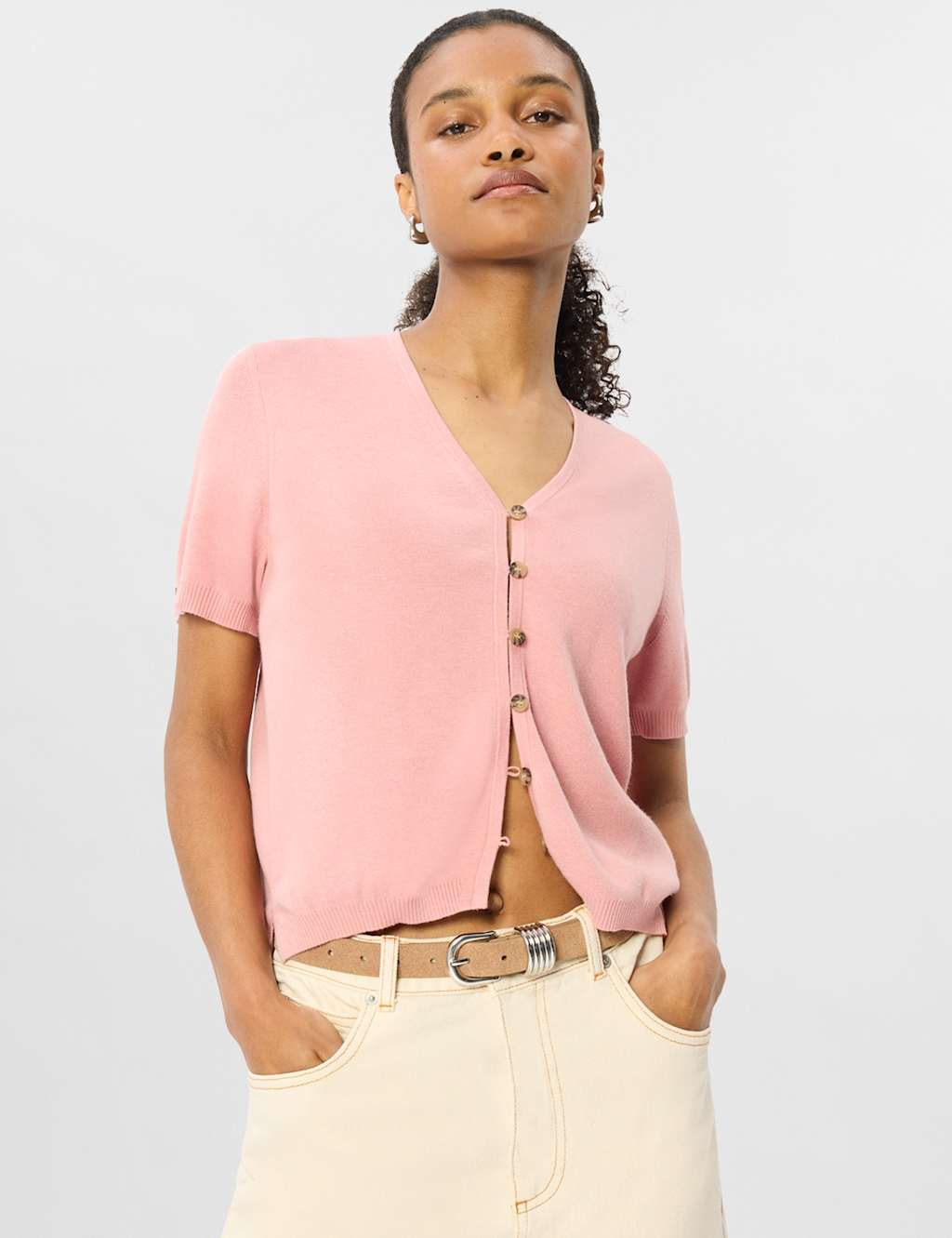 Whistles Women's Cotton Rich Button Front V-Neck Cardigan - Medium - Pink - Available at M&S