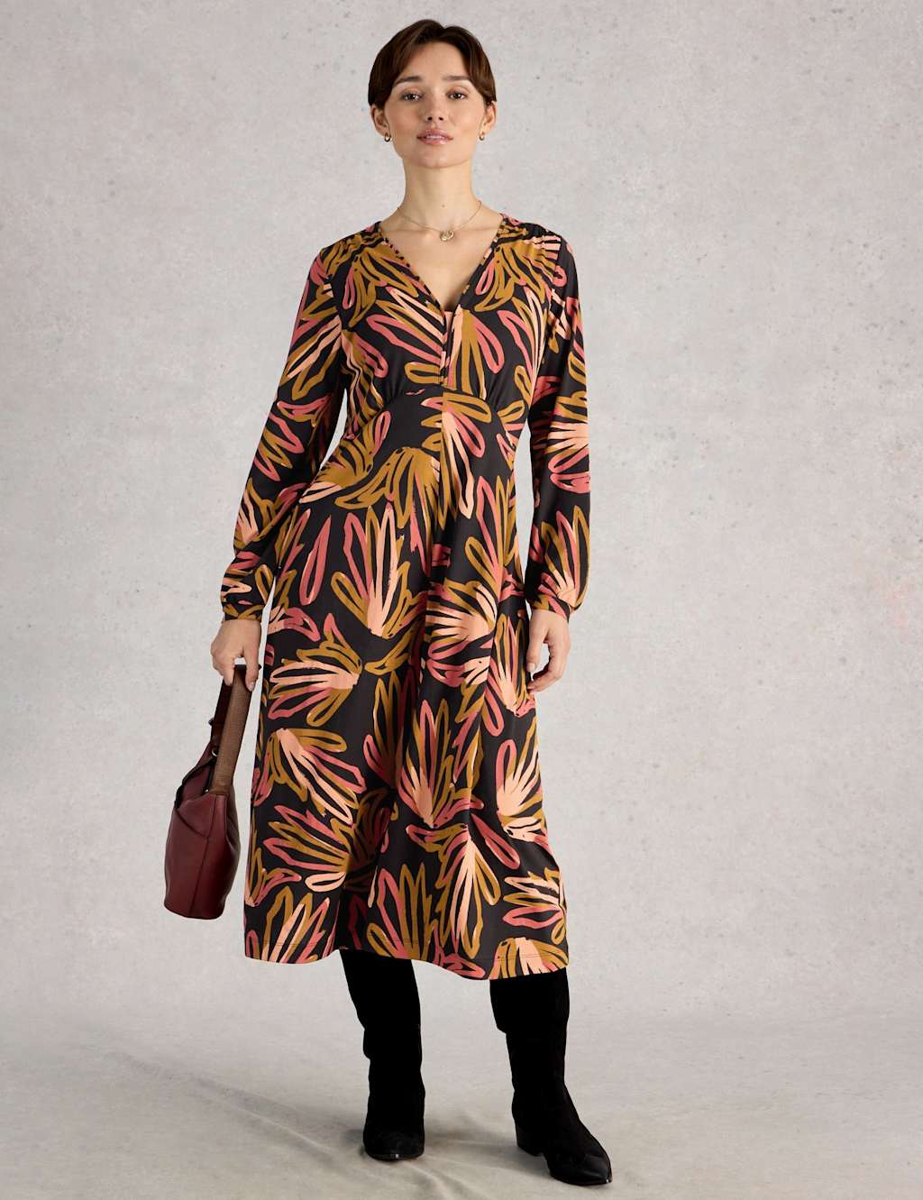 White Stuff Cotton Modal Blend Jersey Floral Midi Dress Black Mix