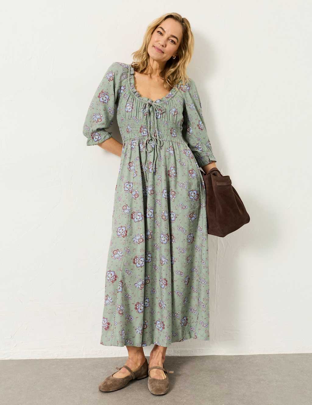 Fatface Women's Pure Cotton Floral Midi Waisted Dress - 16 - Green Mix - Available at M&S