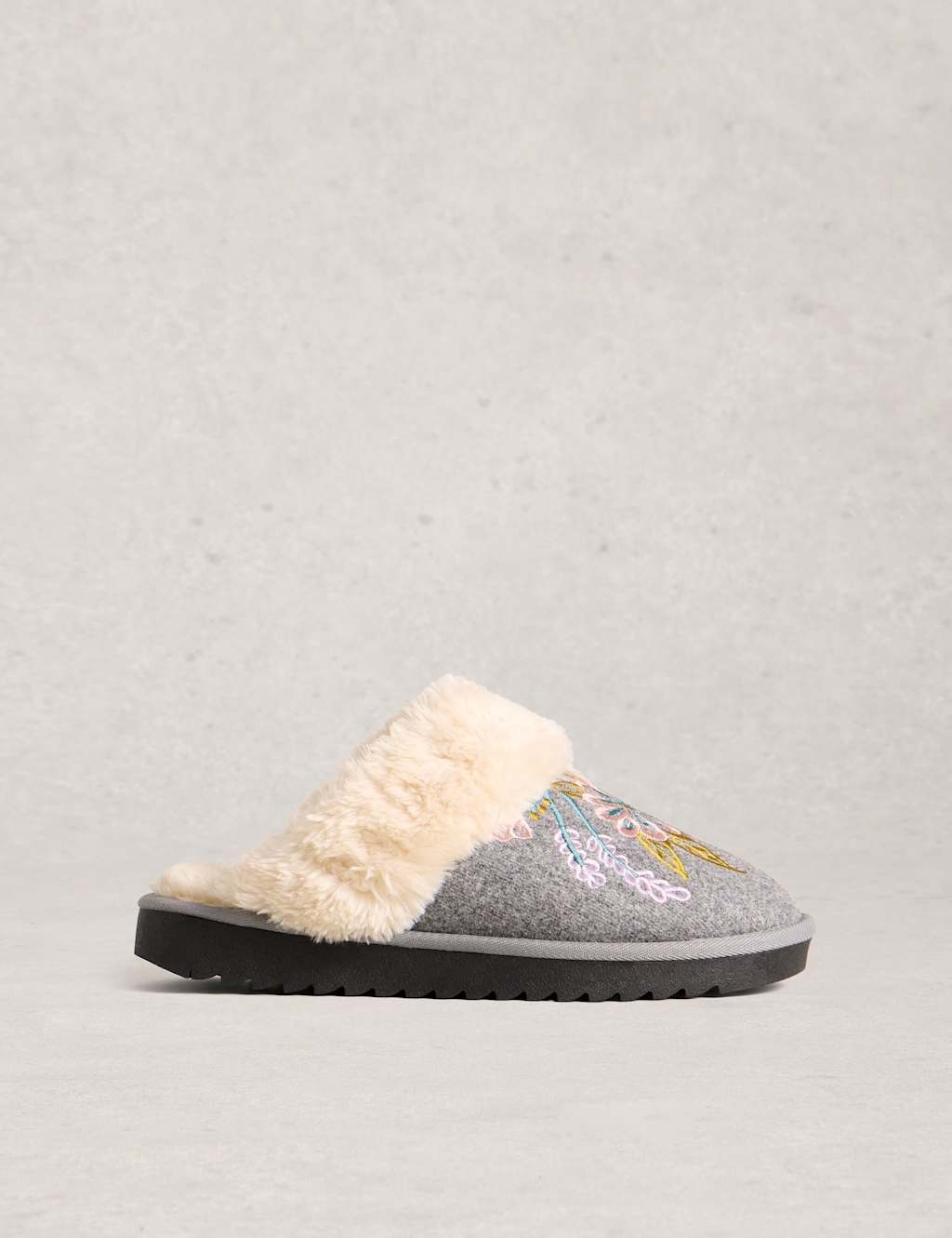 White Stuff Floral Faux Fur Lined Mule Slippers Grey