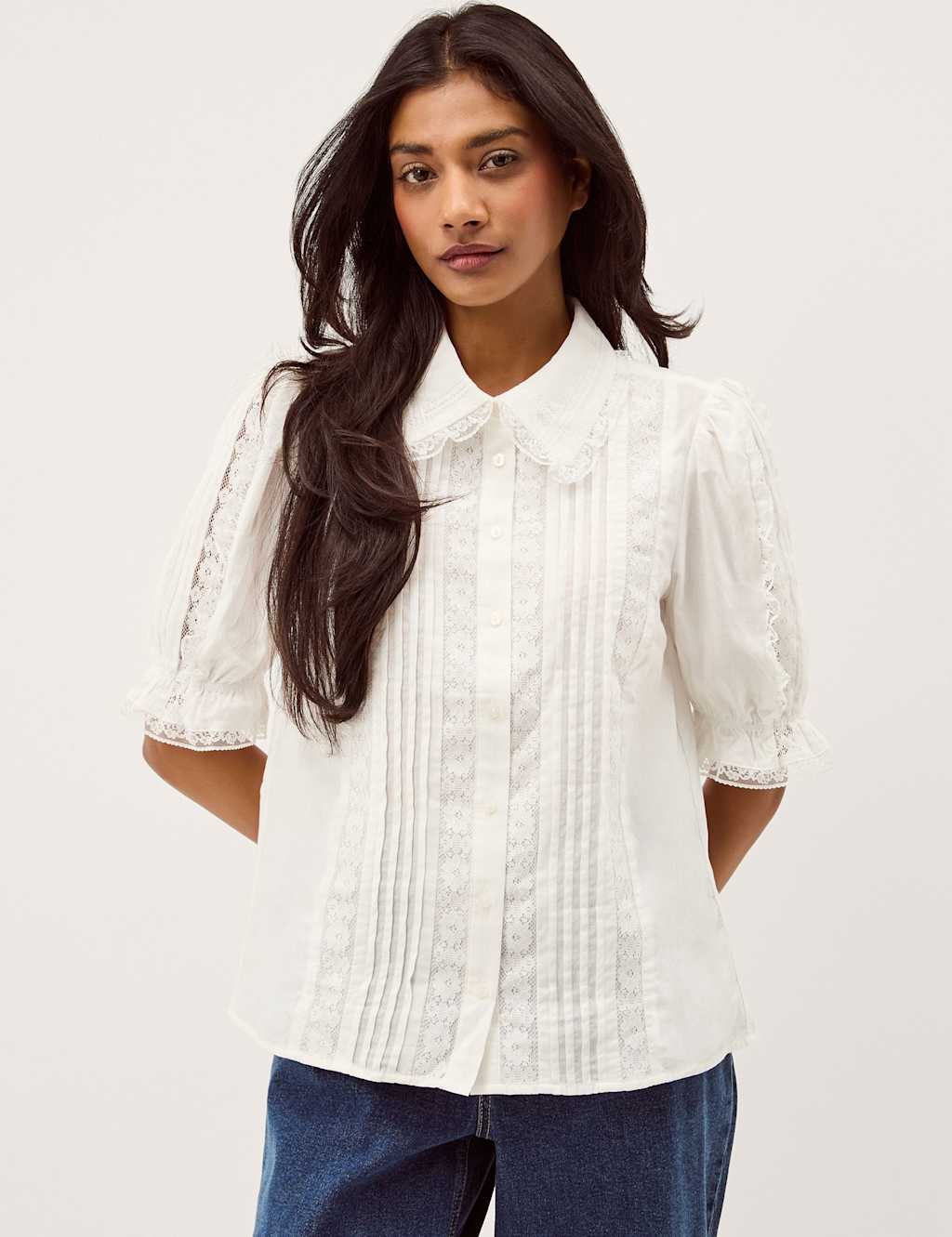 Monsoon Women's Pure Cotton Lace Insert Puff Sleeve Shirt - 22 - White - Available at M&S