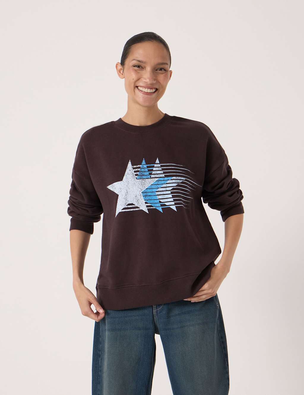 HUSH Pure Cotton Star Print Crew Neck Sweatshirt Brown Mix