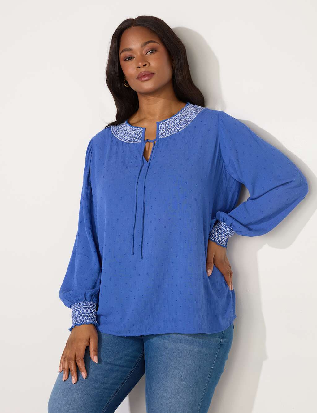 Embroidered Collared Tie Front Shirred Blouse