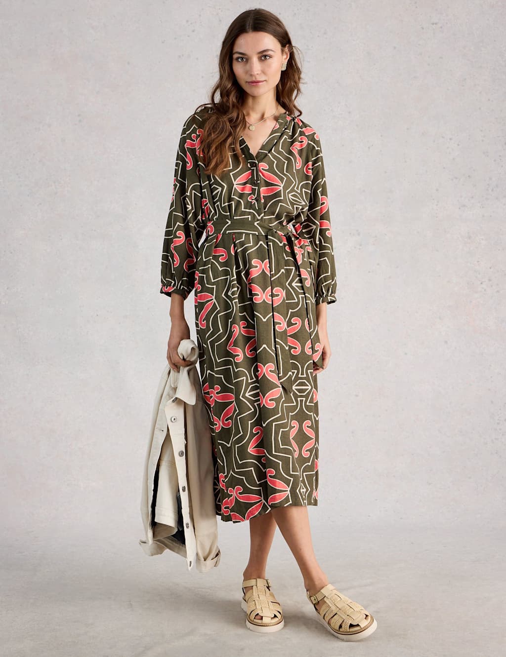 White Stuff Women's Linen Blend Printed Midi Tea Dress - 14 - Green Mix - Available at M&S