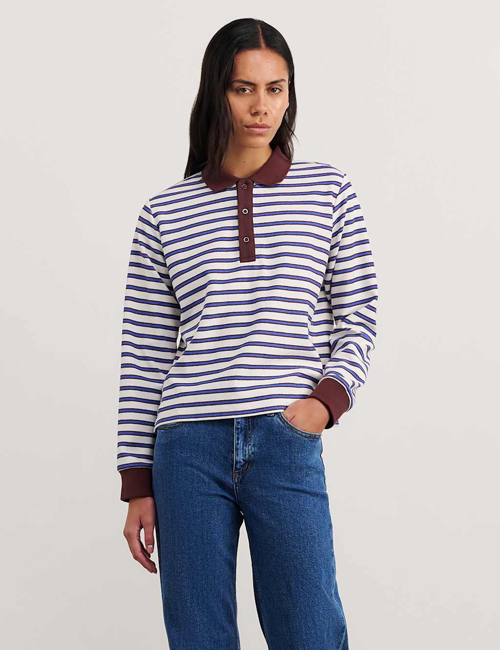 Jag Women's Cotton Blend Striped Rugby Top - 12 - White - Available at M&S
