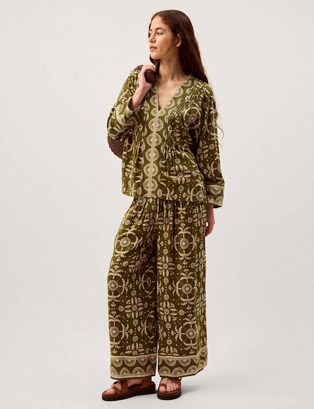 Monsoon Women's Floral V-Neck Pintuck Top - Medium - Green Mix - Available at M&S