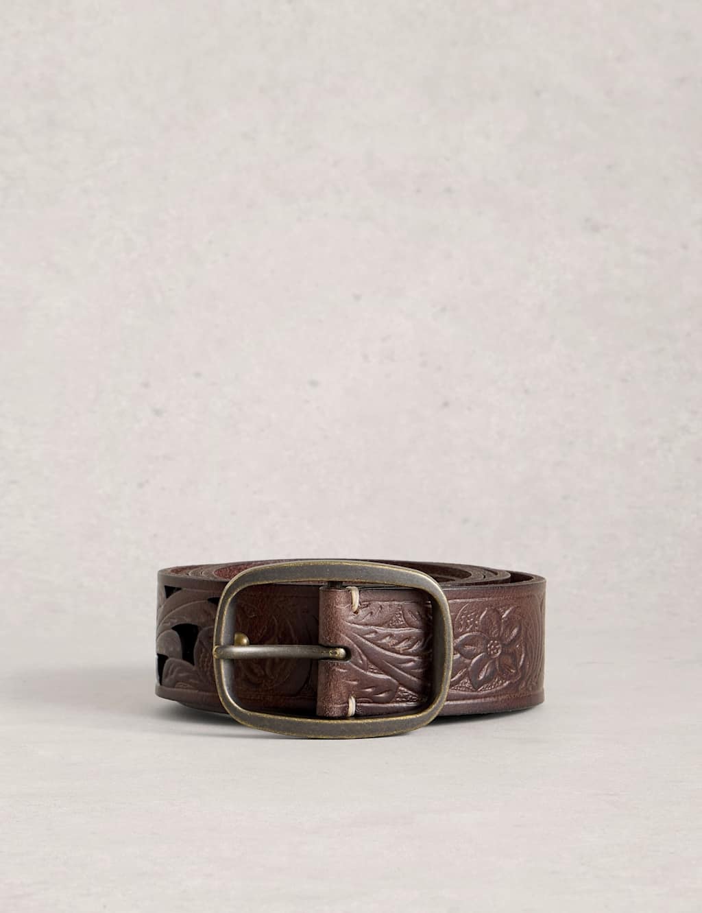 White Stuff Women's Leather Floral Punch Out Jeans Belt - Medium-Large - Brown - Available at M&S