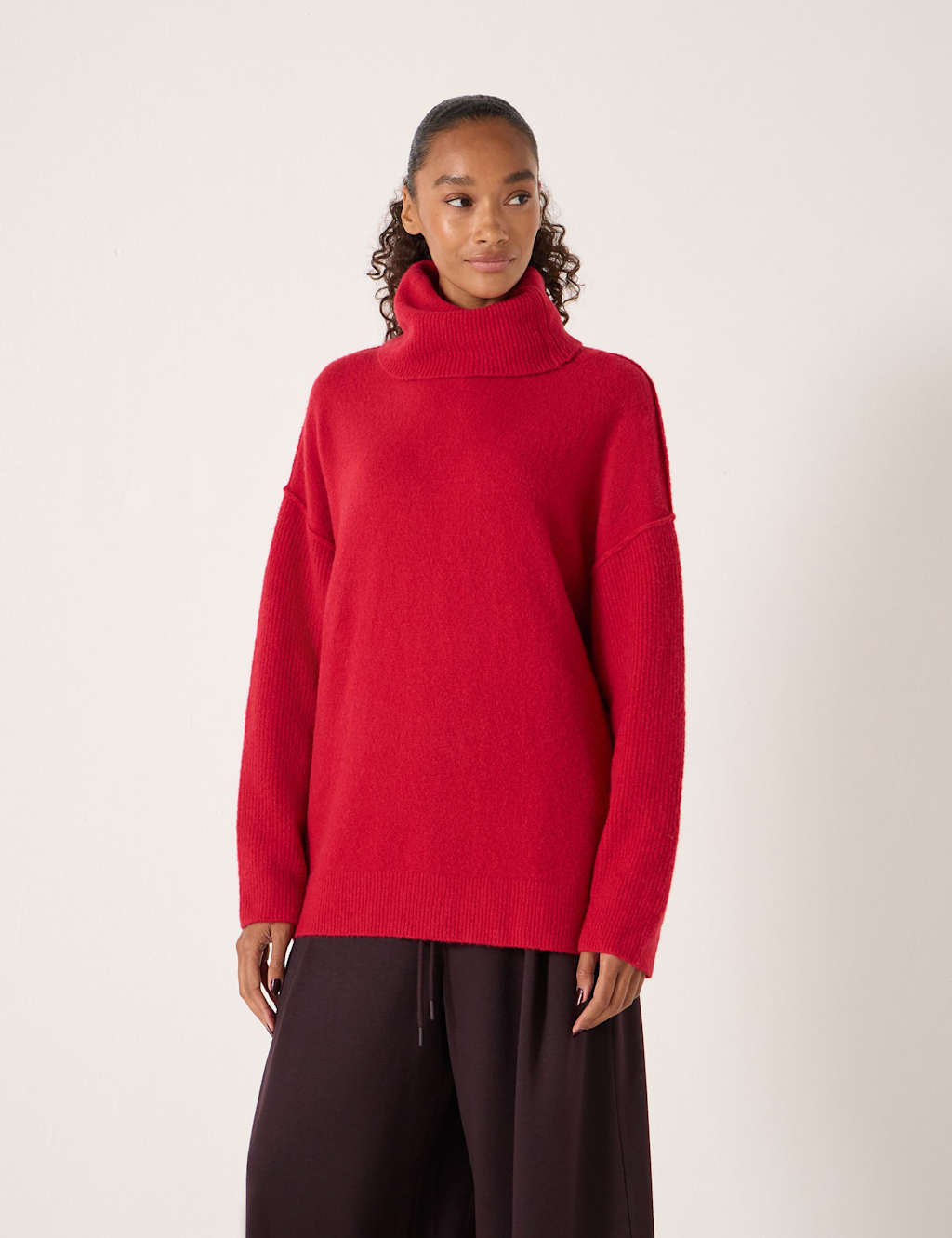 HUSH Wool Blend Textured Roll Neck Longline Jumper Medium Red