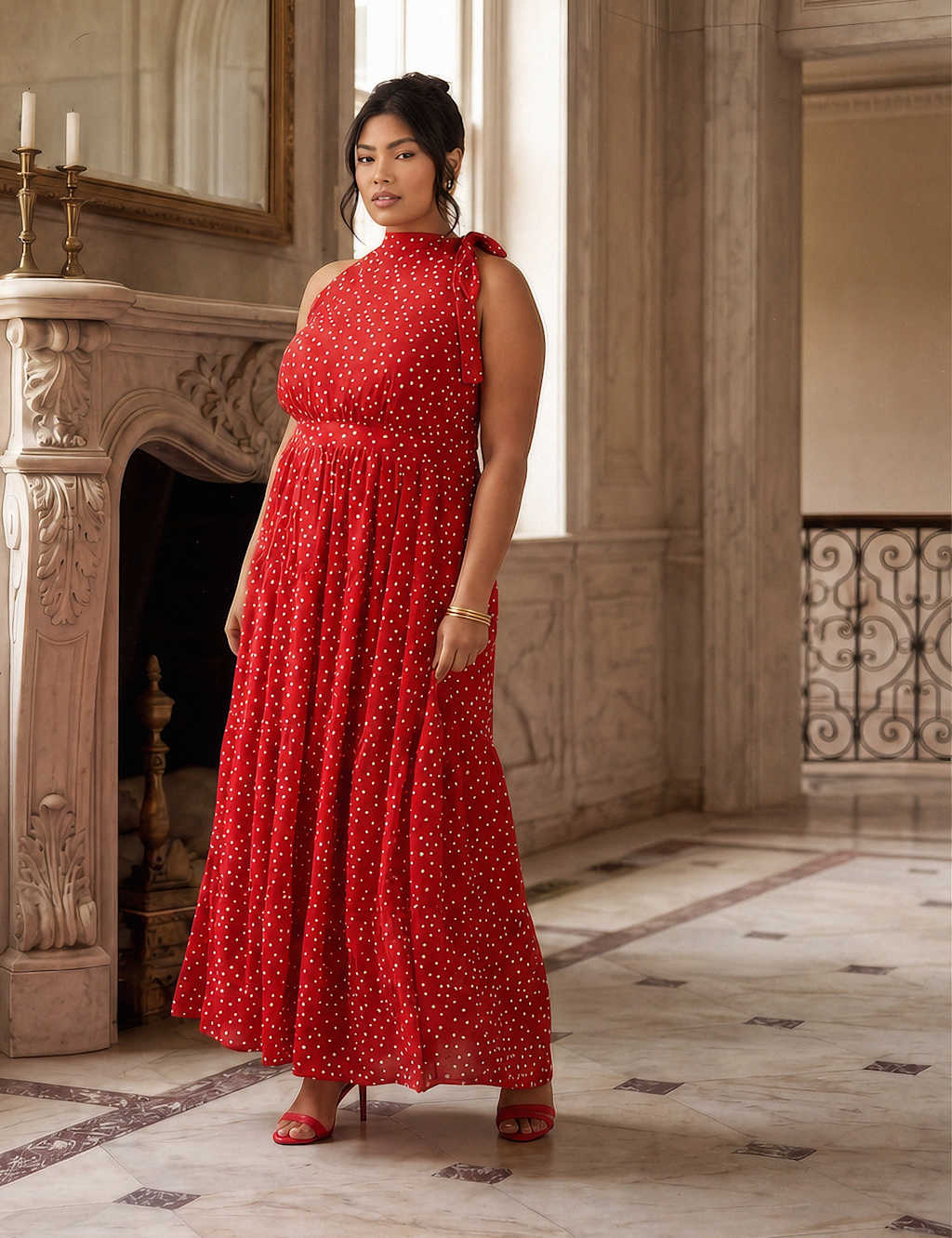 Live Unlimited London Women's Polka Dot Halter Neck Maxi Waisted Dress - 22 - Red - Available at M&S
