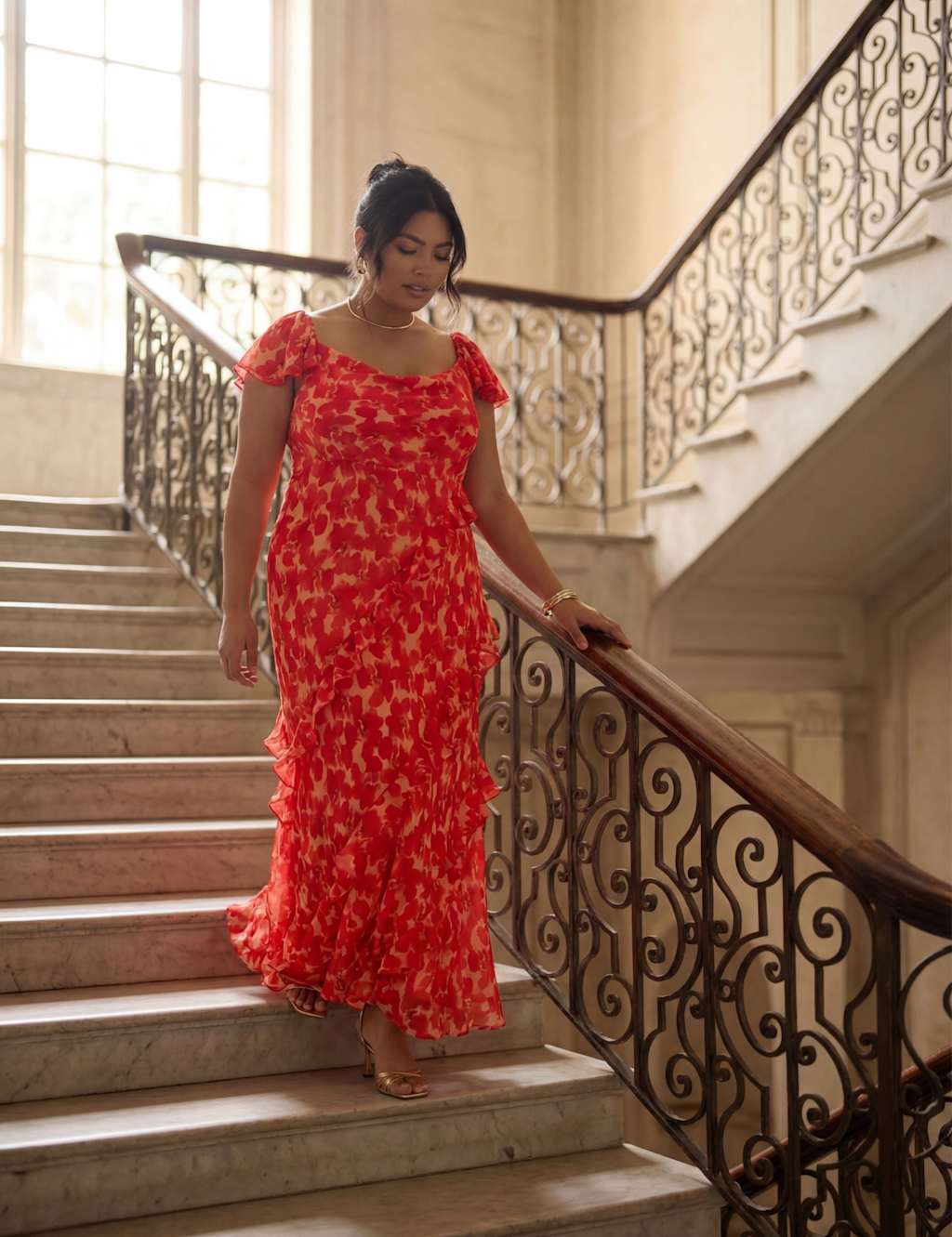 Live Unlimited London Women's Chiffon Floral Ruffle Sleeve Maxi Dress - 14 - Red Mix - Available at M&S