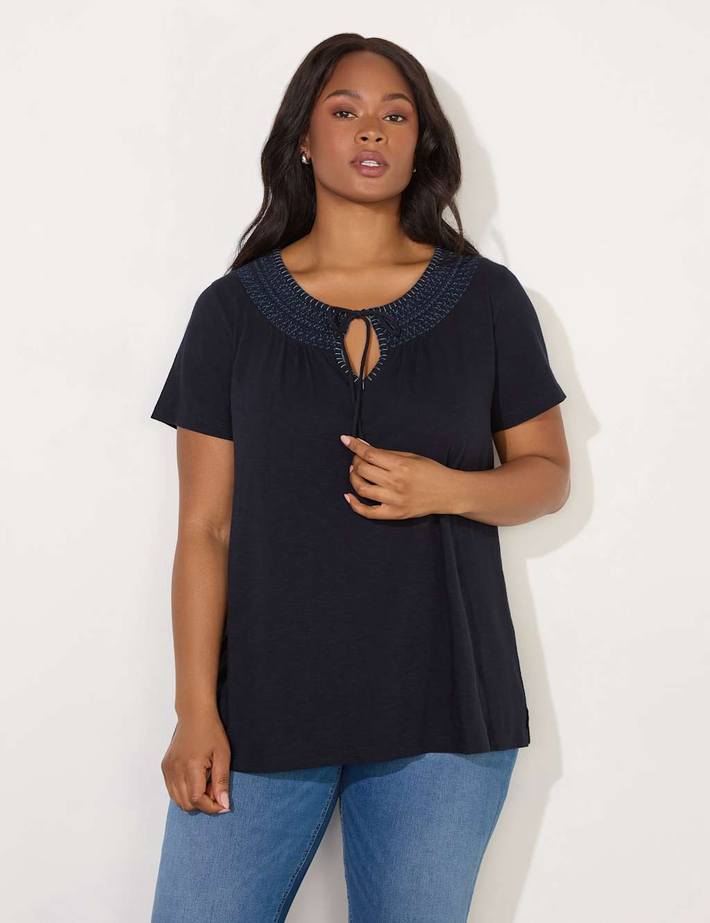 Pure Cotton Embroidered Shirred Neck Top