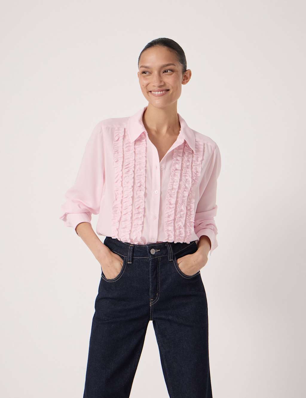HUSH Sheer Collared Ruffle Long Sleeve Shirt Soft Pink