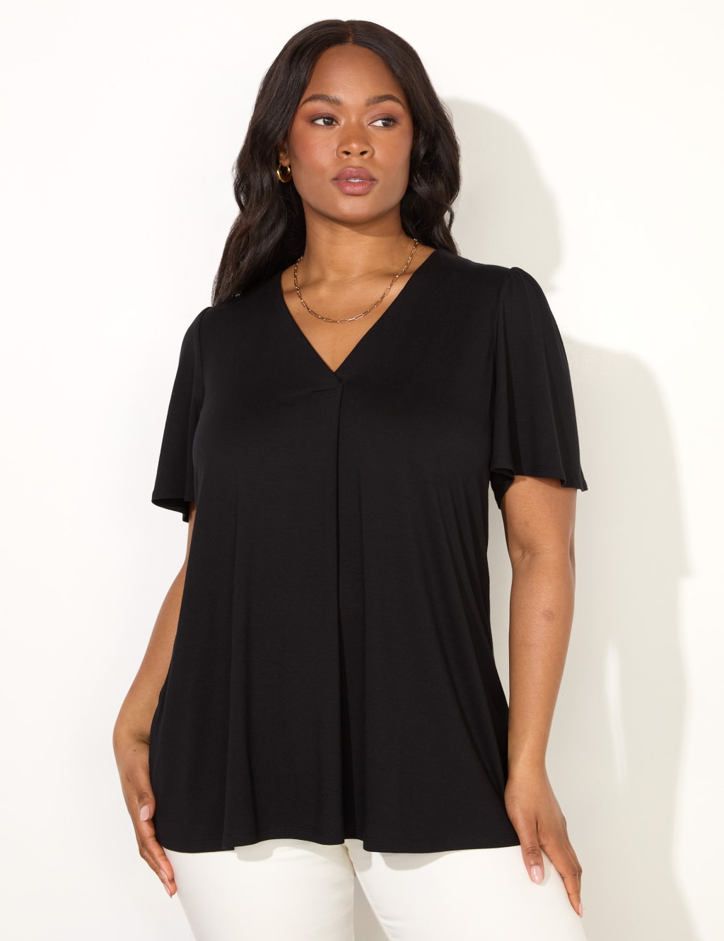Jersey V-Neck Pleat Front Top