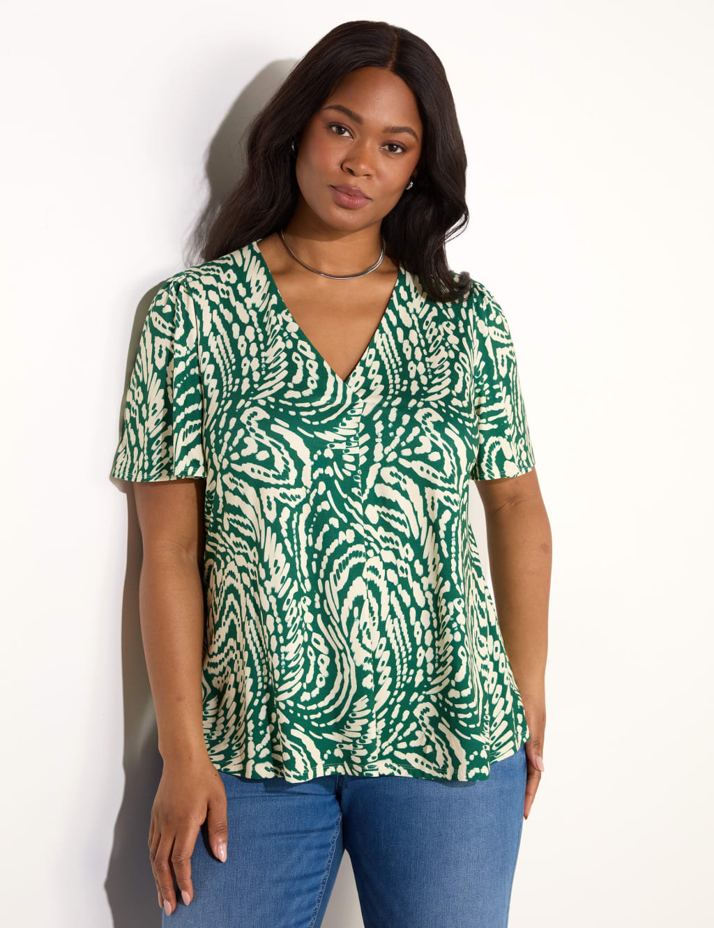 Jersey Printed V-Neck Angel Sleeve Top