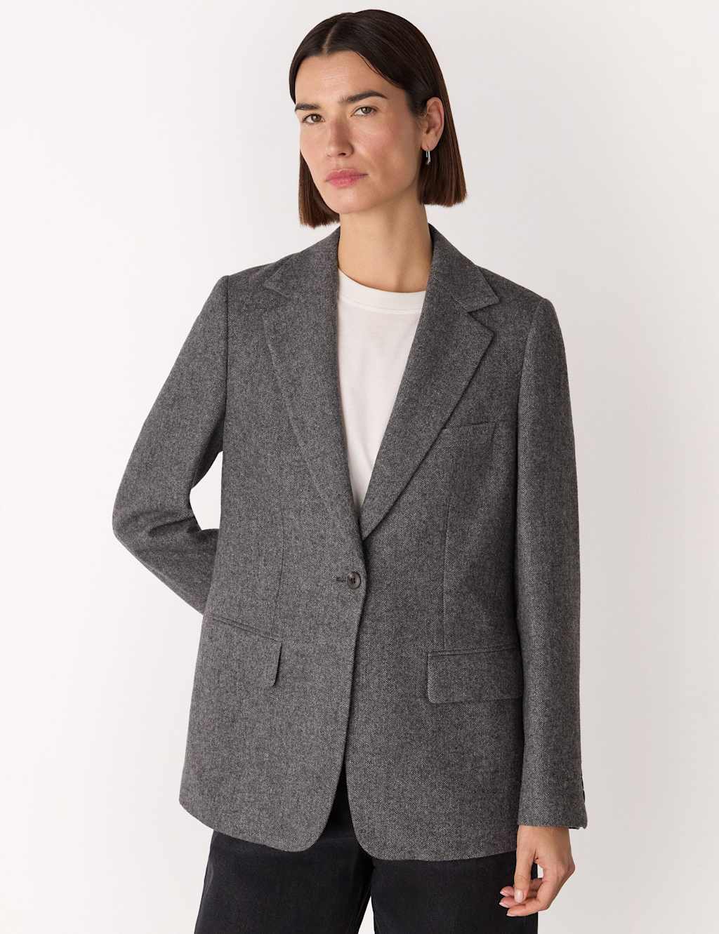 Whistles Wool Blend Relaxed Herringbone Blazer Grey Mix