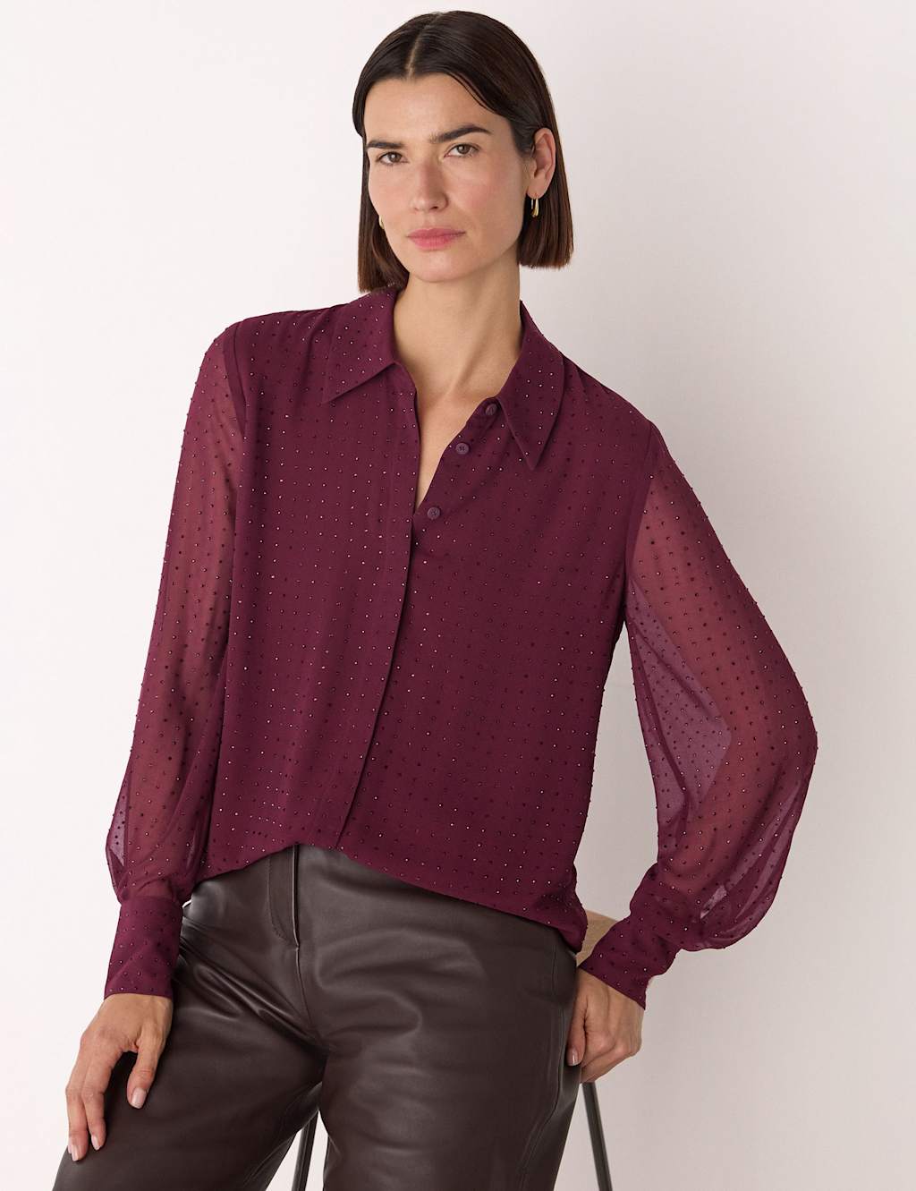 Whistles Metallic Dot Sheer Shirt Burgundy Mix