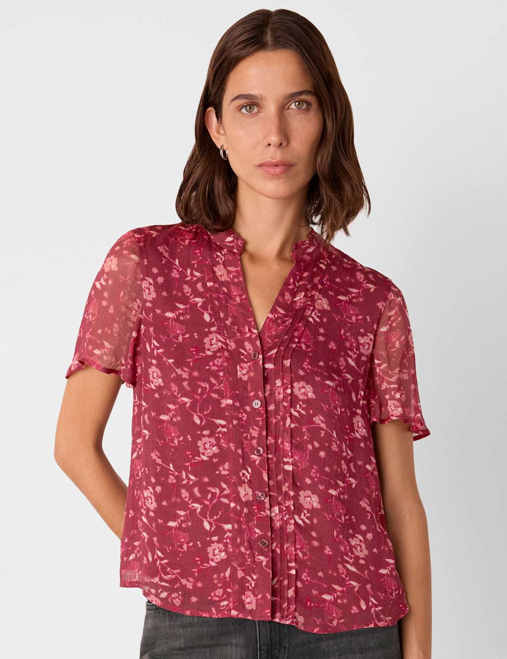 Whistles Floral Textured V-Neck Pintuck Blouse Burgundy Mix