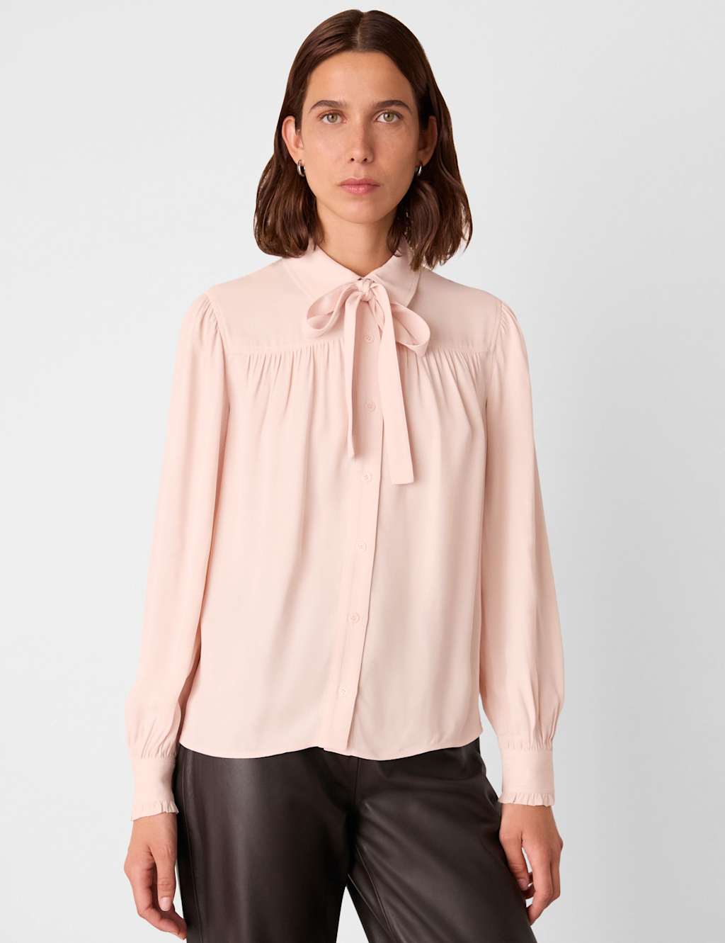 Whistles Crepe Tie Neck Button Through Blouse Light Pink