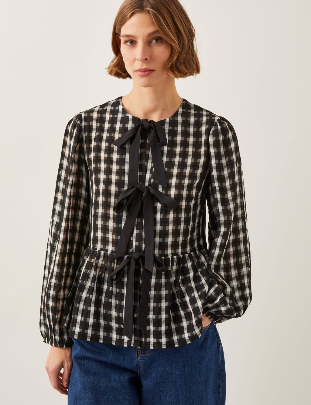 Checked Tie Front Peplum Blouse