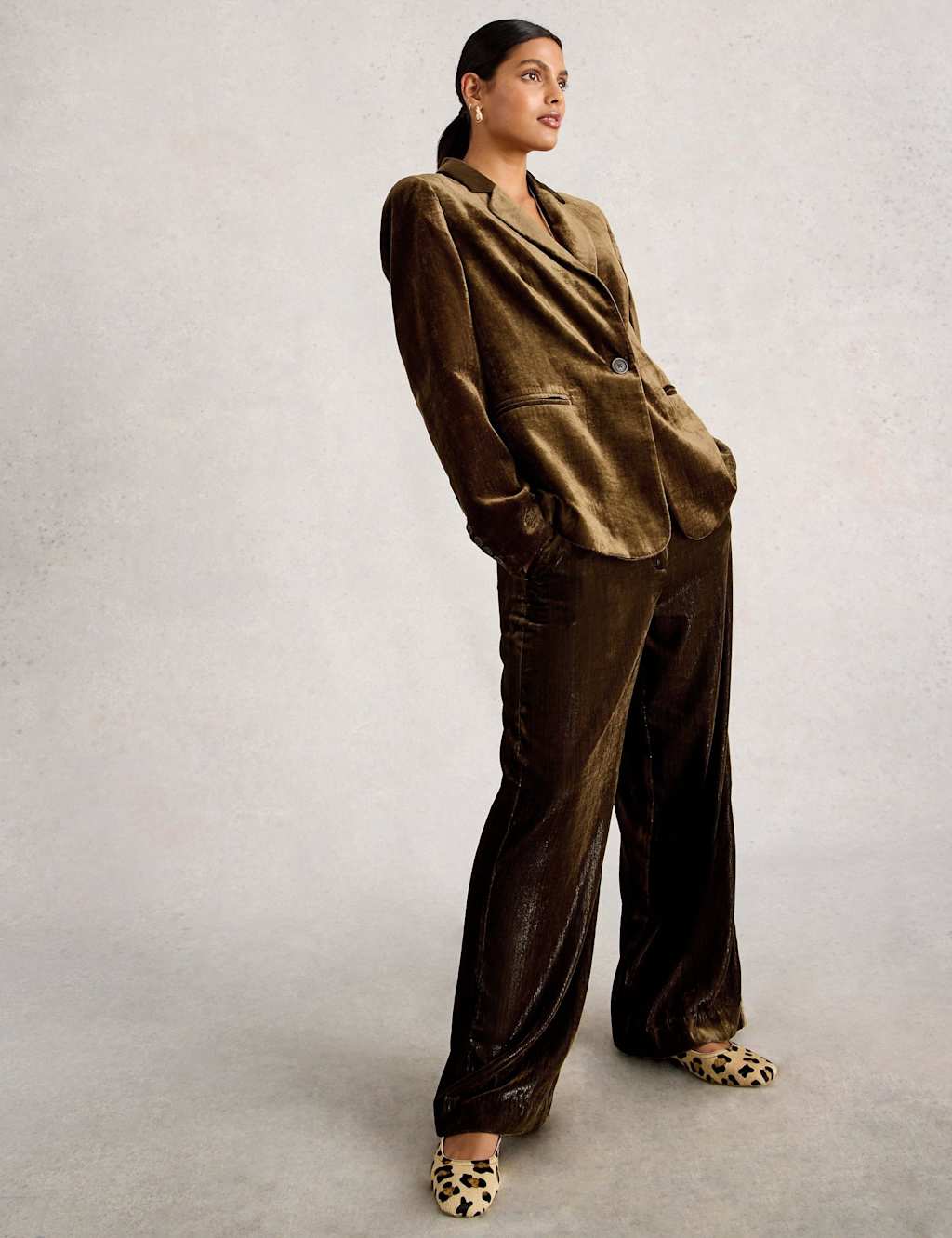 White Stuff Metallic Velvet Wide Leg Trousers Yellow