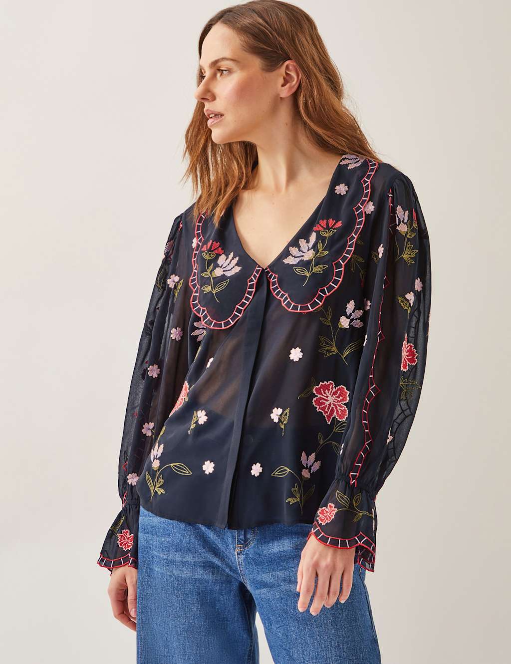 Sheer Embroidered Oversized Collared Blouse
