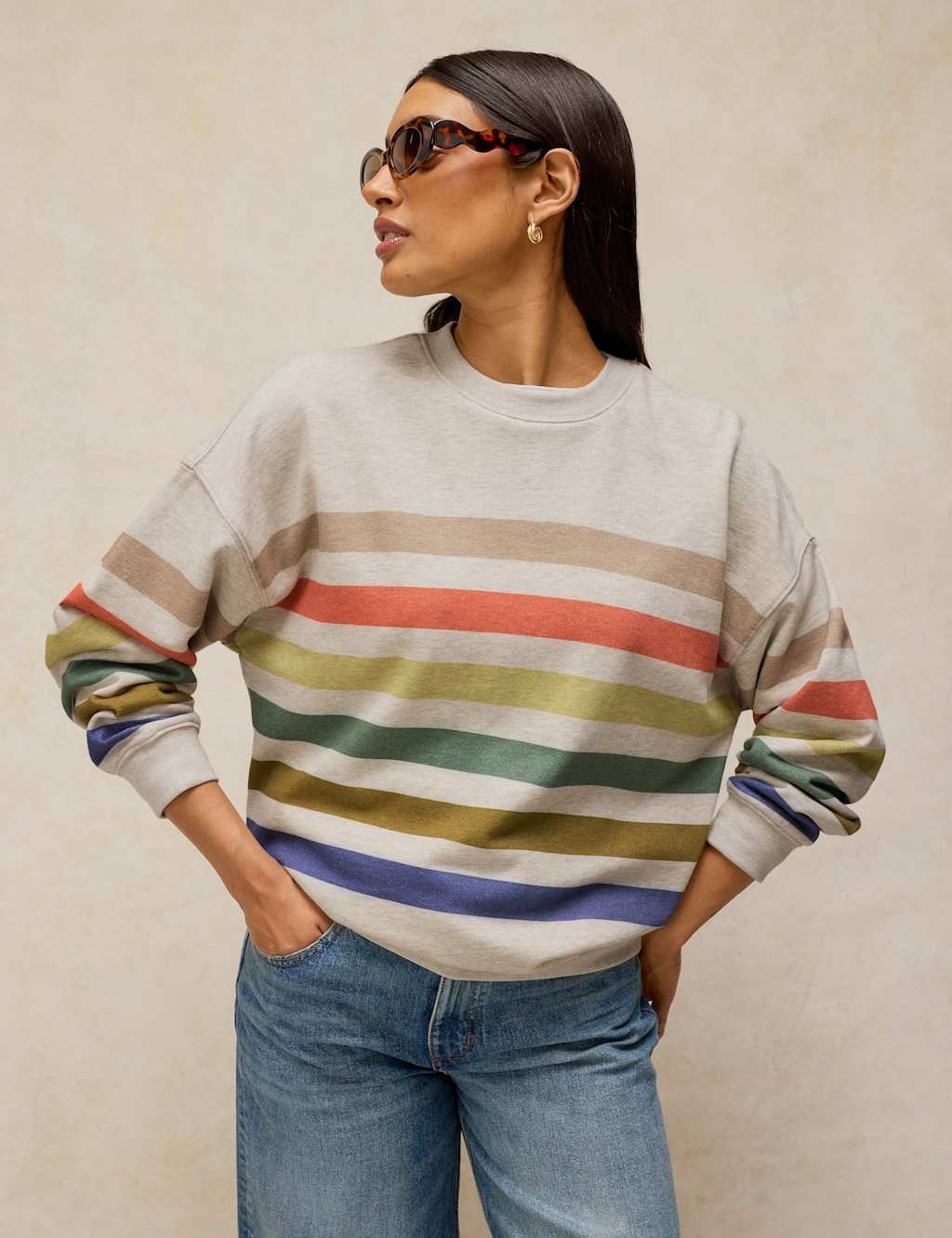 White Stuff Women's Cotton Rich Striped Longline Sweatshirt - 10 - Natural Mix - Available at M&S
