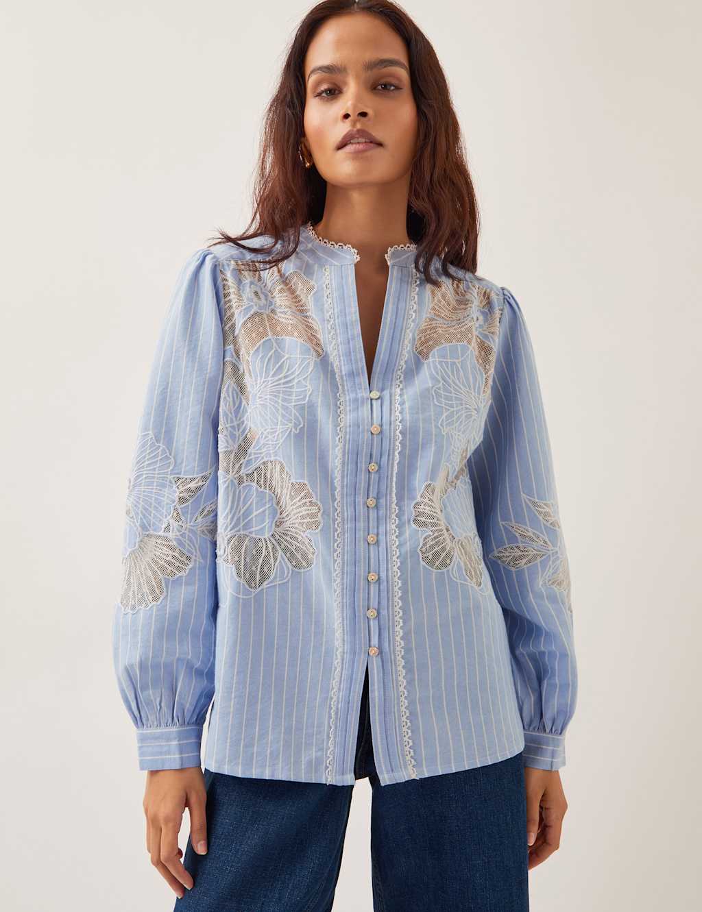 Pure Cotton Striped Lace Insert Blouse