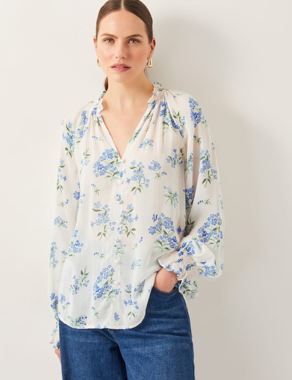 Modal Blend Sheer Floral V-Neck Blouse