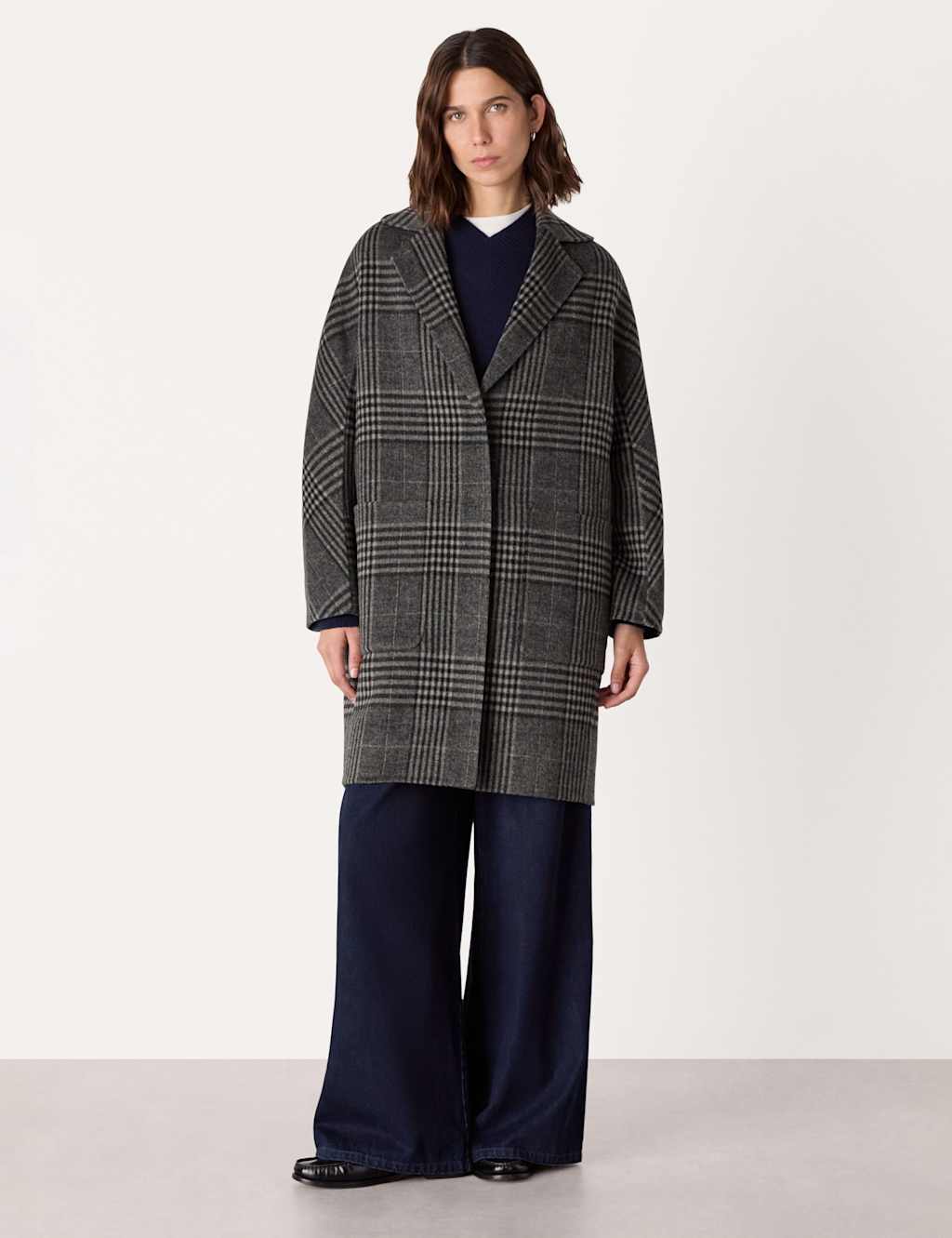 Whistles Wool Rich Checked Relaxed Coat Grey Mix