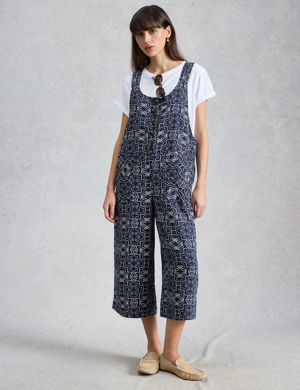 White Stuff Women's Pure Linen Sleeveless Ankle Grazer Dungarees - 10 - Navy Mix - Available at M&S