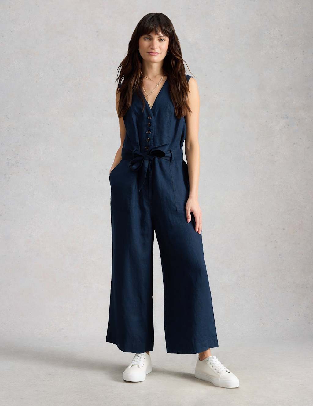White Stuff Women's Pure Linen V-Neck Cropped Jumpsuit - 10 - Navy - Available at M&S