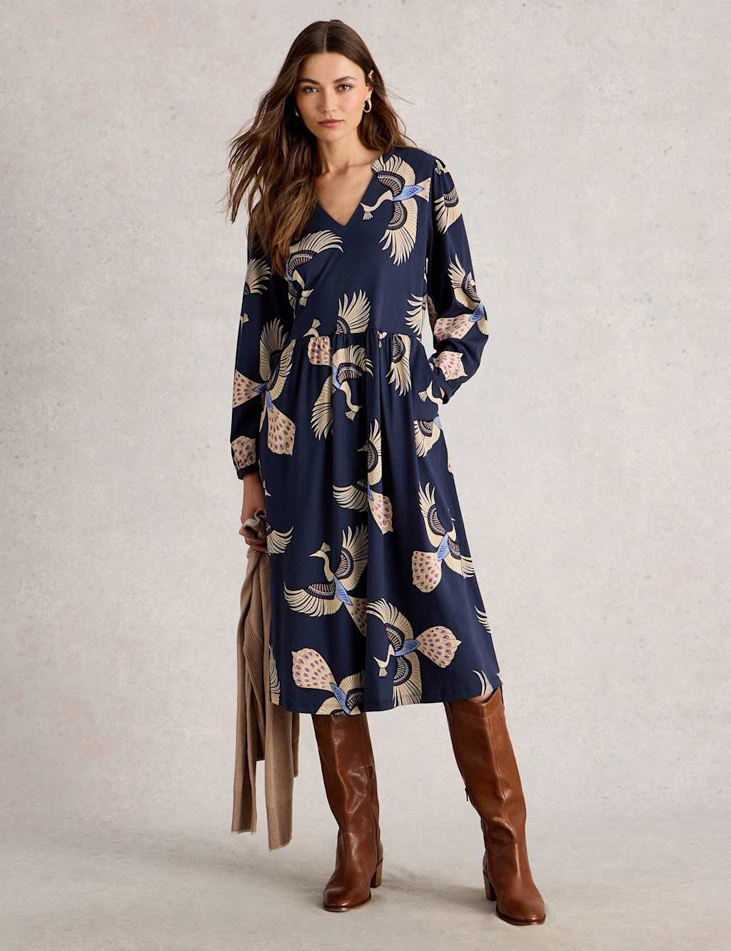 White Stuff Jersey Peacock Print Notch Neck Midi Dress Navy Mix