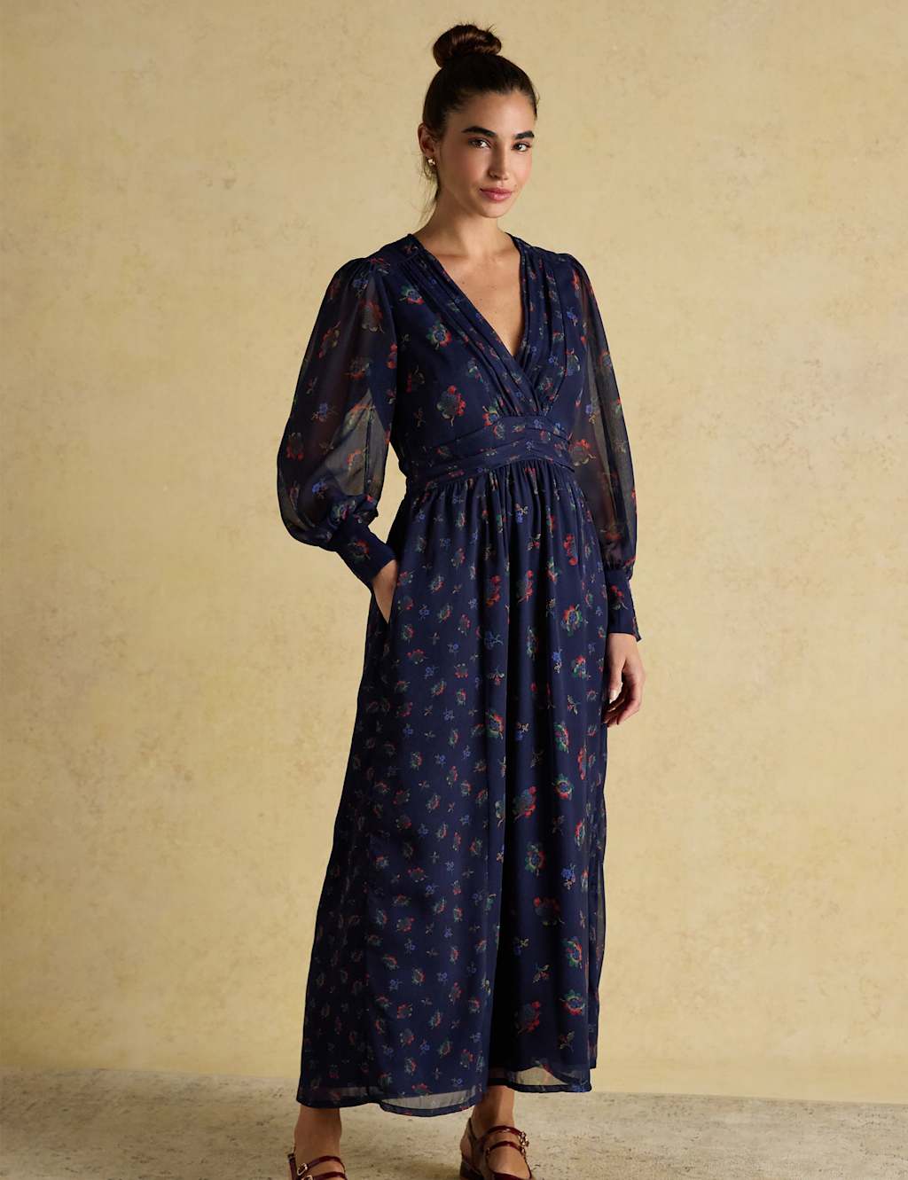Joules Floral V-Neck Midaxi Wrap Dress Navy Mix
