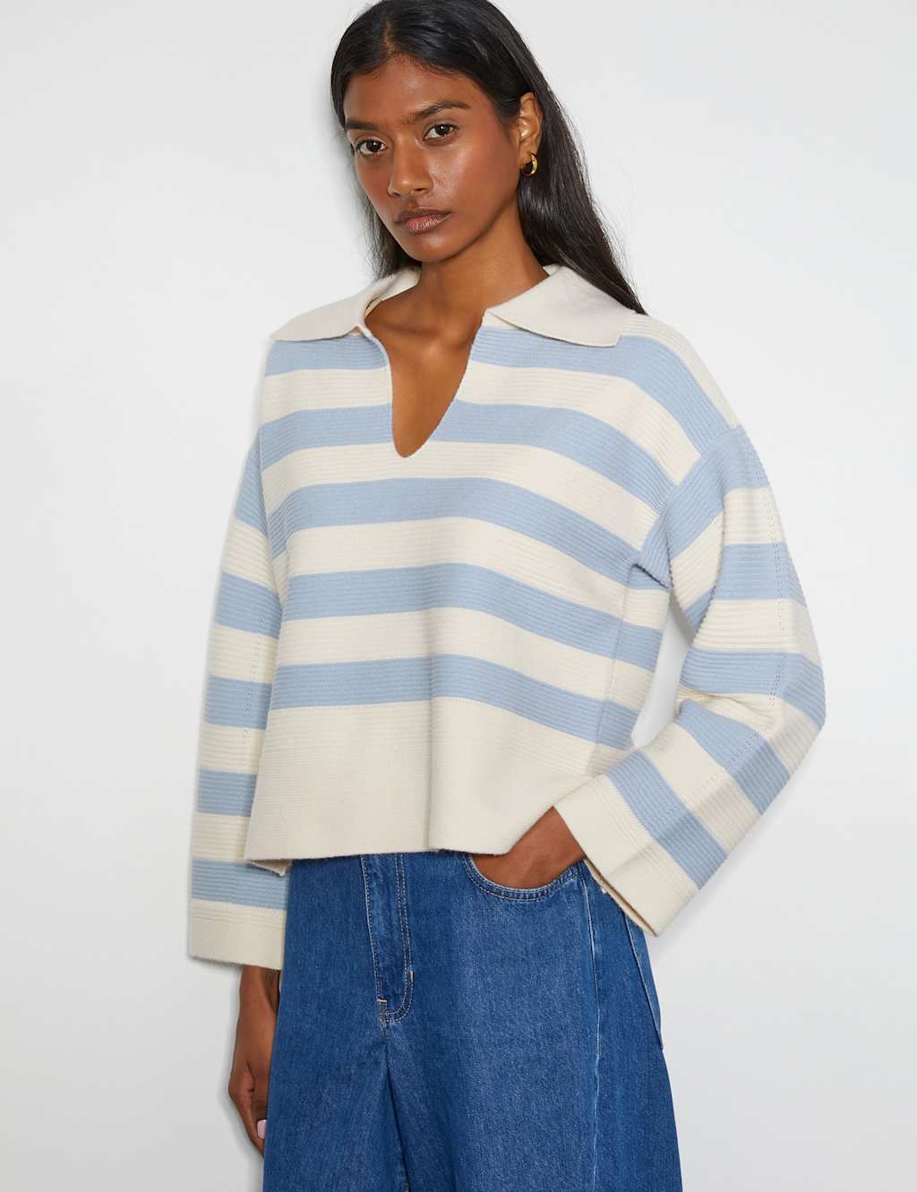 Striped Collared Open Neck Jumper