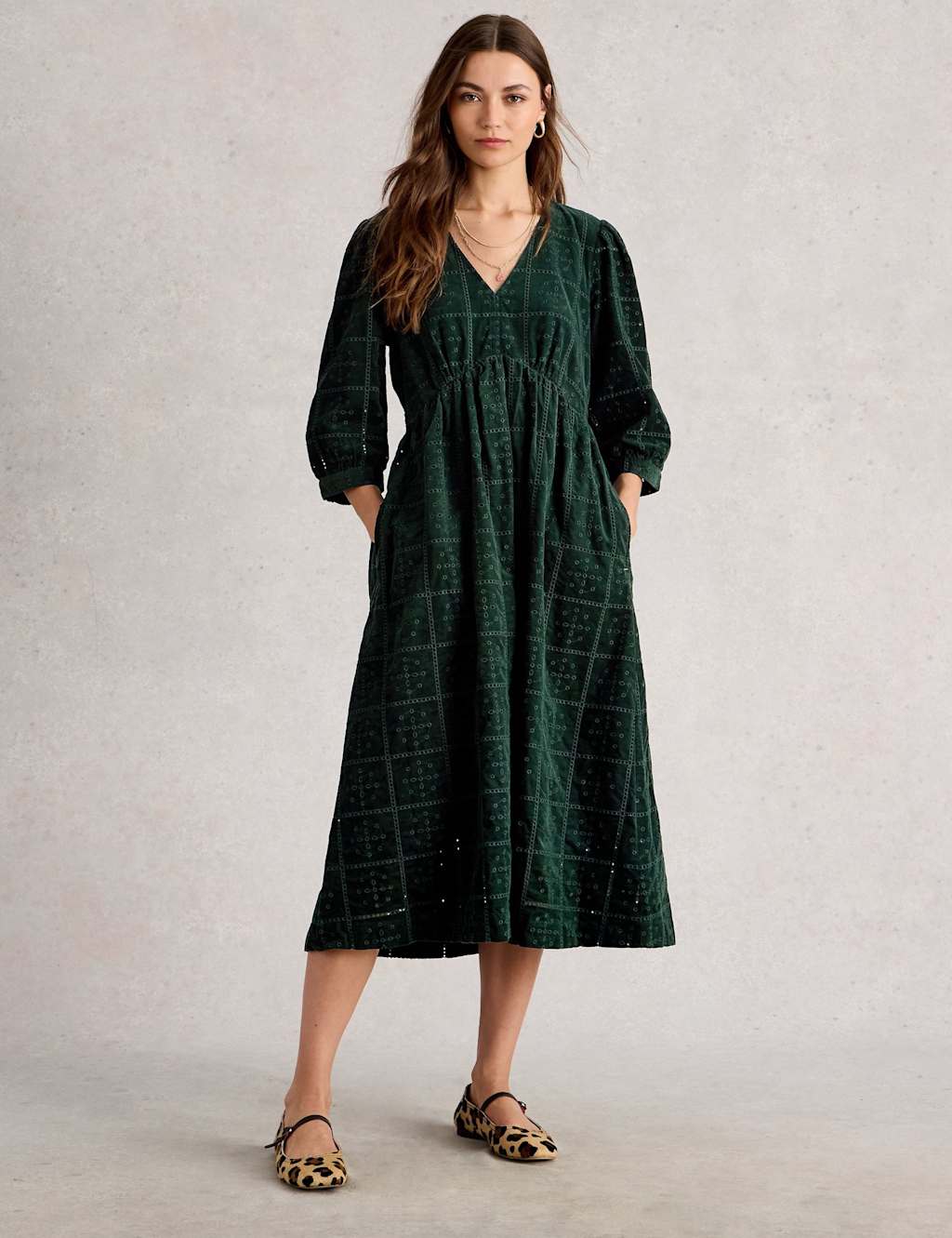 White Stuff Cord Broderie V-Neck Midi Waisted Dress Green