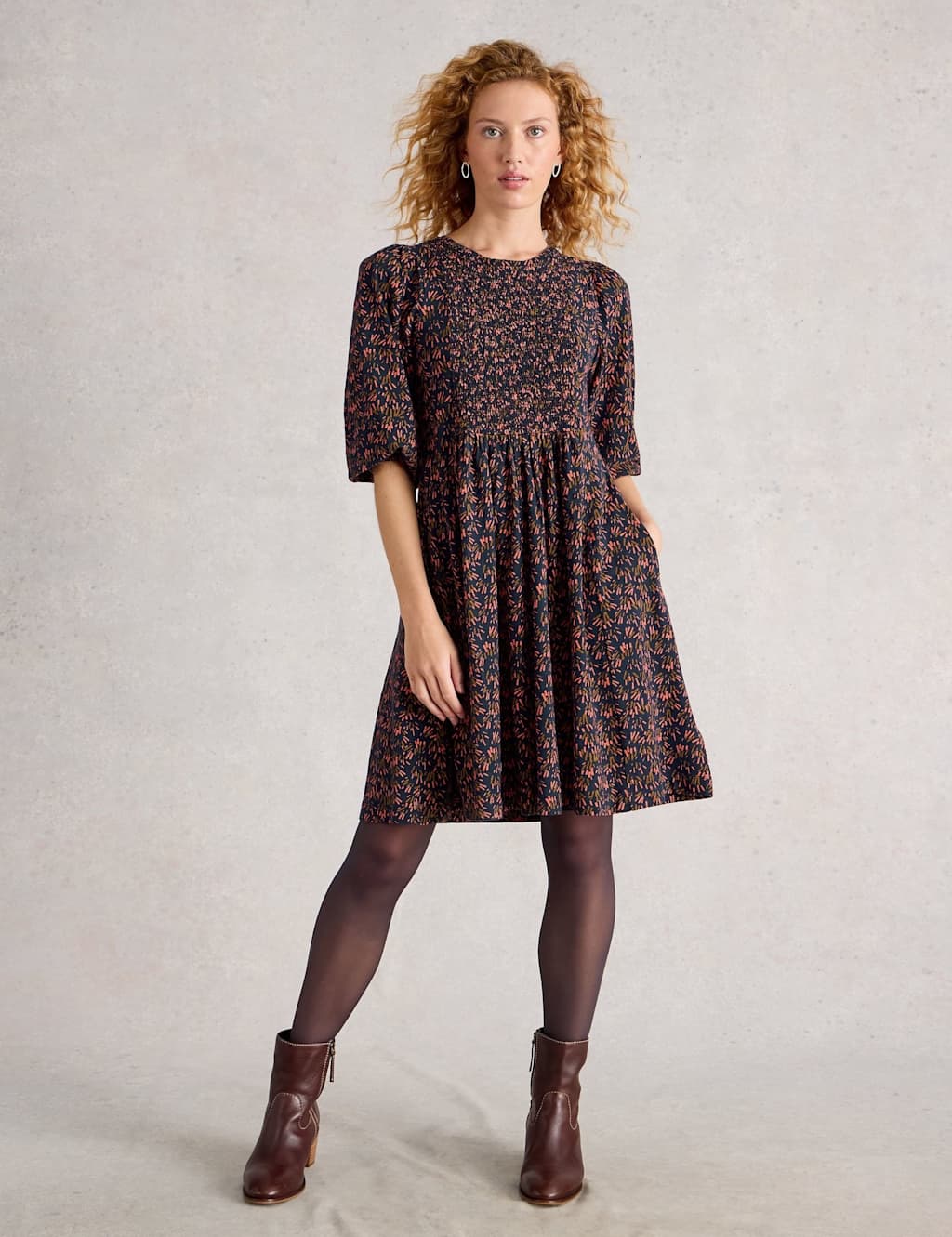 White Stuff Pure Cotton Jersey Floral Mini Smock Dress Navy Mix